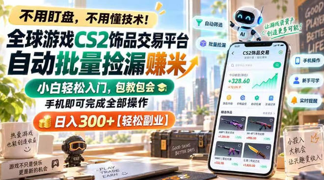 全球游戏CS2饰品交易平台自动批量捡漏賺米，小白轻松入门，包教包会，手机即可完成全部操作，日入300+【揭秘】-来友网创