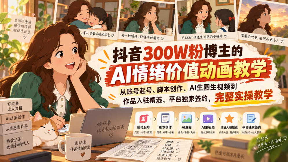 抖音300W粉博主的AI情绪价值动画教学，从账号起号、脚本创作、AI生图生视频到作品入驻精选、平台独家签约，完整实操-来友网创