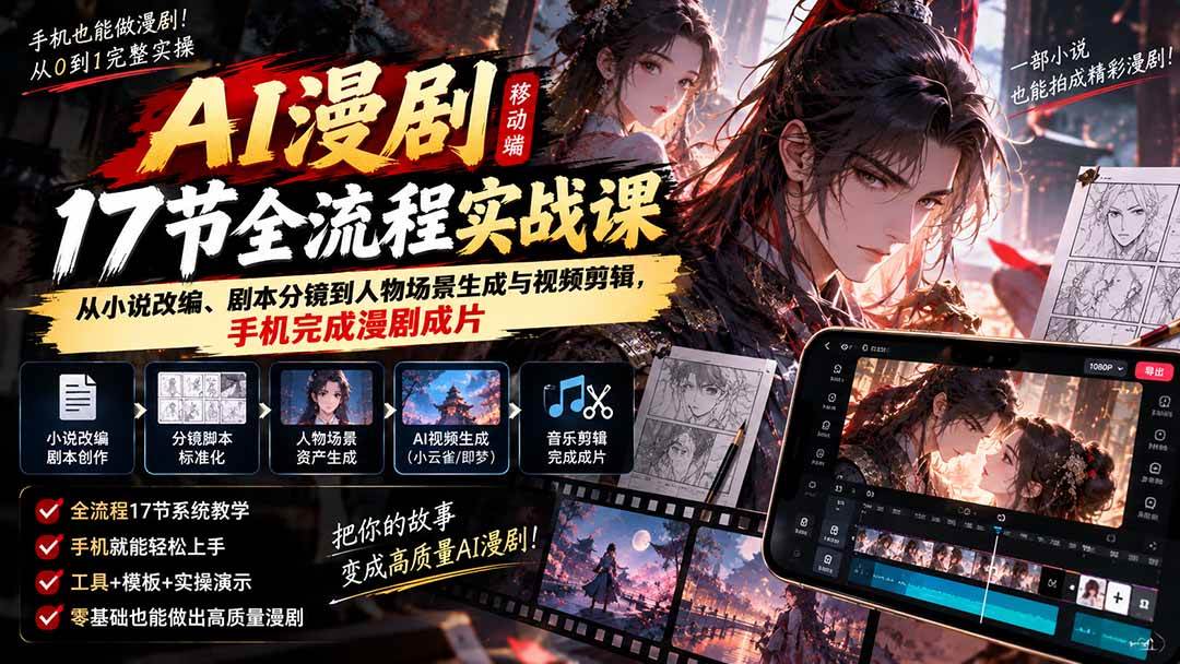 （20624期）AI漫剧移动端17节全流程实战课：从小说改编、剧本分镜到人物场景生成与视频剪辑，手机完成漫剧成片-来友网创