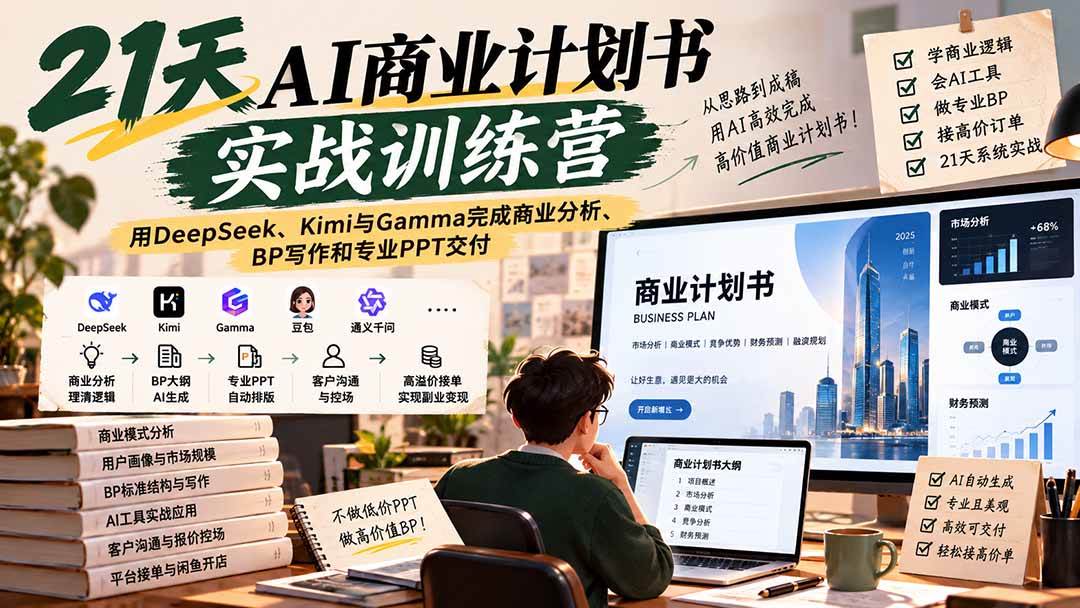（20637期）【无水印】21天AI商业计划书实战训练营：用DeepSeek、Kimi与Gamma完成商业分析、BP写作和专业PPT交付-来友网创