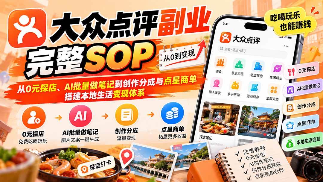 （20638期）【无水印】大众点评副业完整SOP：从0元探店、AI批量做笔记到创作分成与点星商单，搭建本地生活变现体系-来友网创