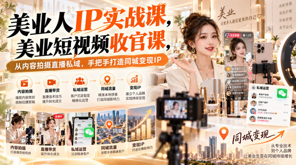 【无水印】美业人IP实战课，美业短视频收官课，从内容拍摄直播私域，手把手打造同城变现IP-来友网创