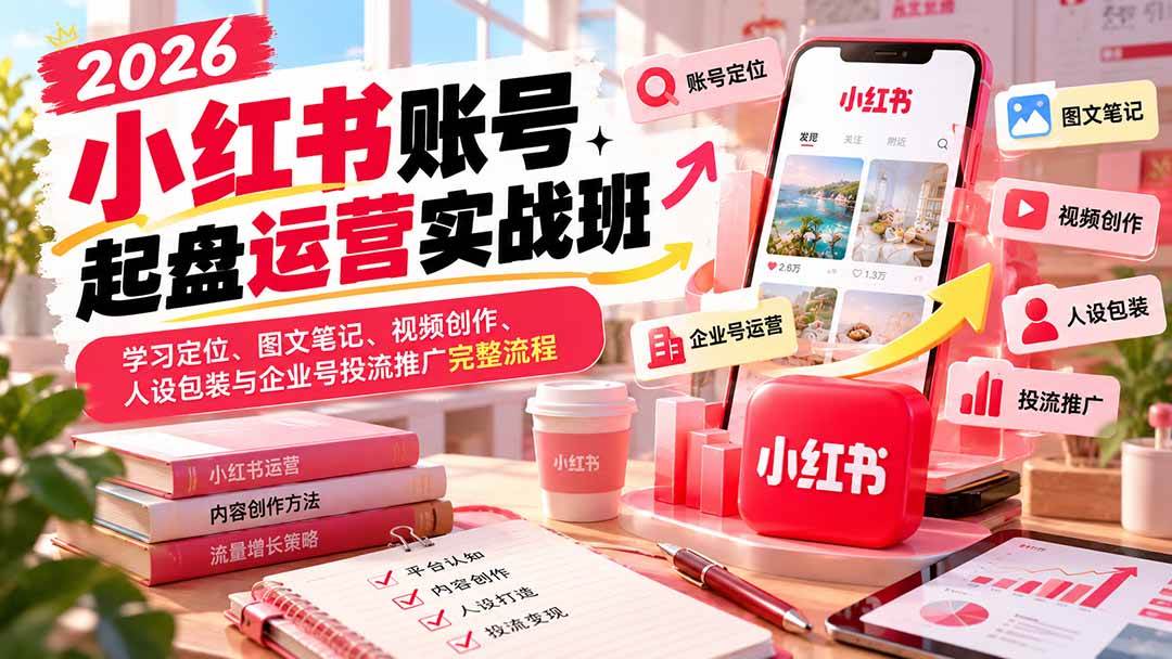 （20647期）2026小红书账号起盘运营实战班：学习定位、图文笔记、视频创作、人设包装与企业号投流推广完整流程-来友网创
