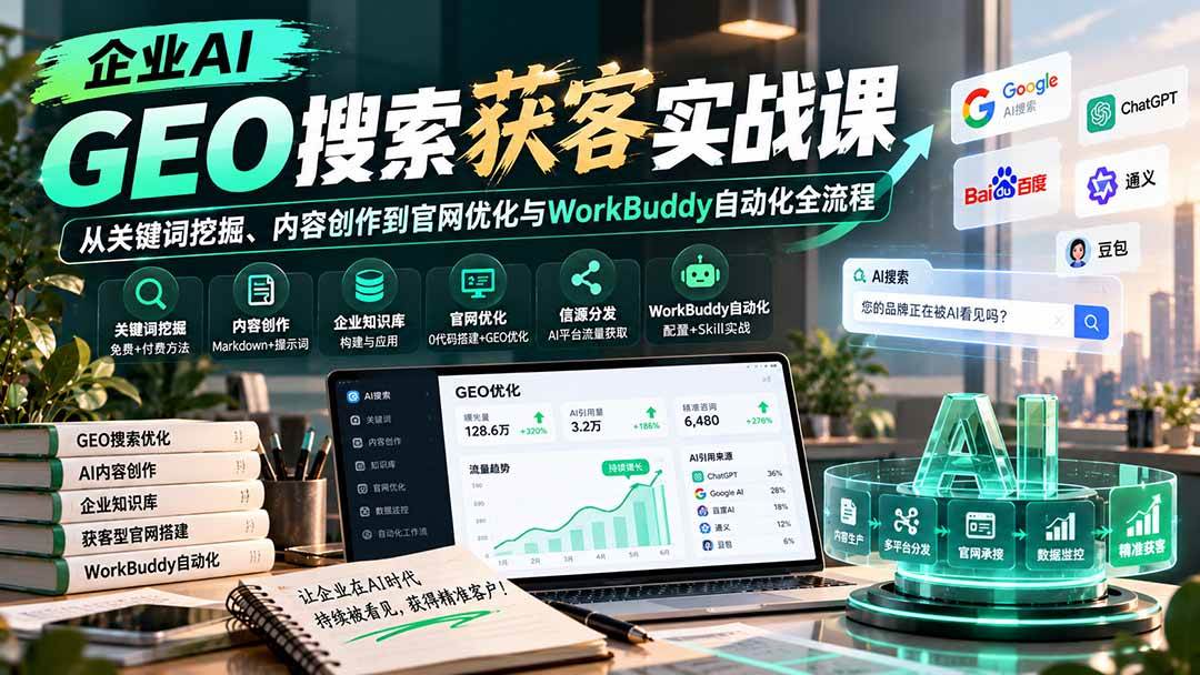 （20643期）企业AI GEO搜索获客实战课：从关键词挖掘、内容创作到官网优化与WorkBuddy自动化全流程-来友网创