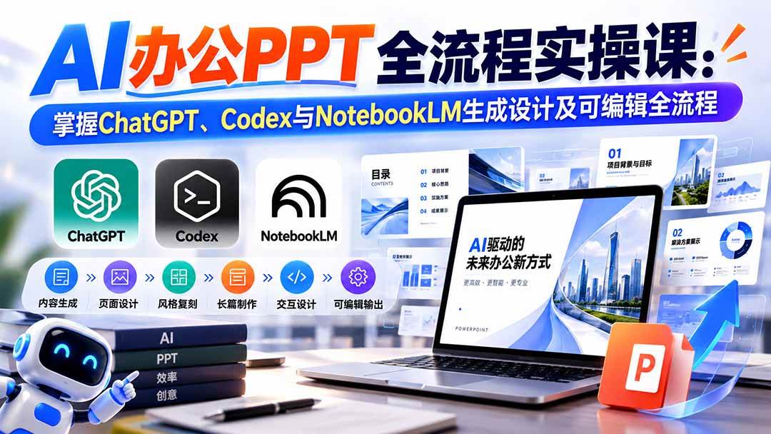 （20660期）【无水印】AI办公PPT全流程实操课： 掌握ChatGPT、Codex与NotebookLM生成设计及可编辑全流程-来友网创