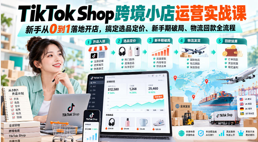 TikTok Shop跨境小店运营实战课，新手从0到1落地开店，搞定选品定价、新手期破局、物流回款全流程-来友网创