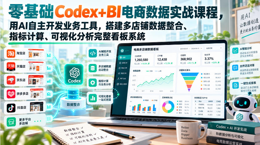 零基础Codex+BI电商数据实战课程，用AI自主开发业务工具，搭建多店铺数据整合、指标计算、可视化分析完整看板系统-来友网创