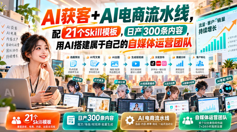 AI获客+AI电商流水线，配21个Skill模板，日产300条内容，用AI搭建属于自己的自媒体运营团队-来友网创