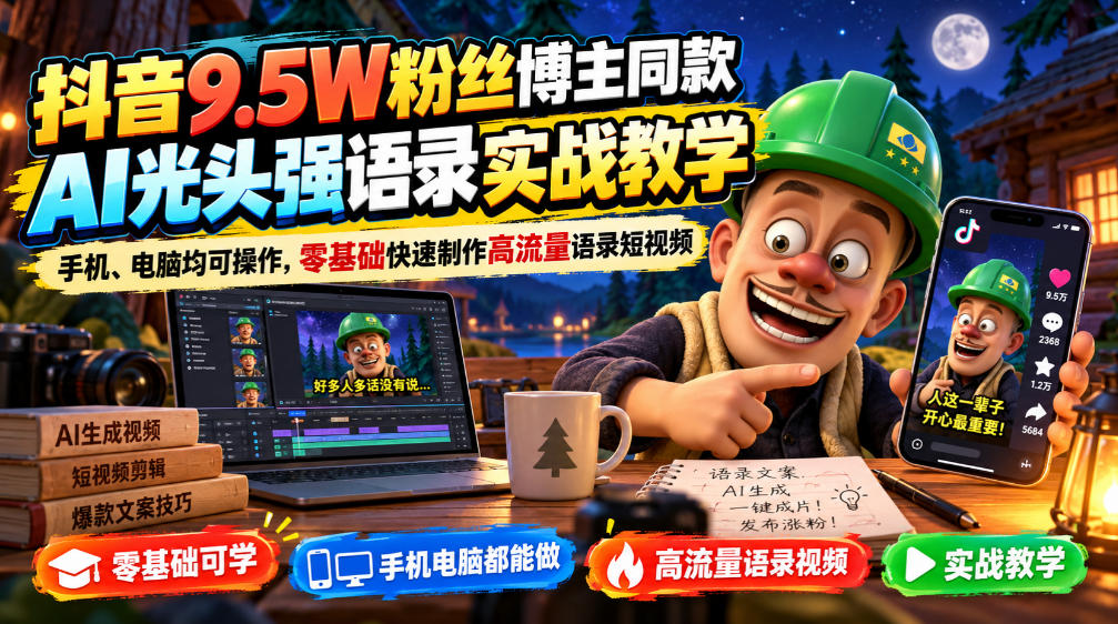 抖音9.5W粉丝博主同款AI光头强语录实战教学，手机、电脑均可操作，零基础快速制作高流量语录短视频-来友网创