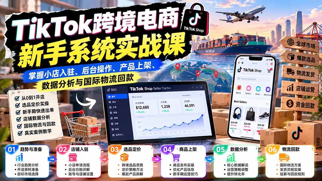 （20672期）TikTok跨境电商新手系统实战课：掌握小店入驻、后台操作、产品上架、数据分析与国际物流回款-来友网创