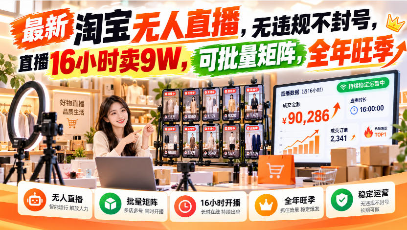 最新淘宝无人直播，无违规不封号，直播16小时卖9W，可批量矩阵，全年旺季【揭秘】-来友网创