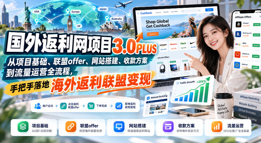 国外返利网项目3.0PLUS，从项目基础、联盟offer、网站搭建、收款方案到流量运营全流程，手把手落地海外返利联盟变现-来友网创