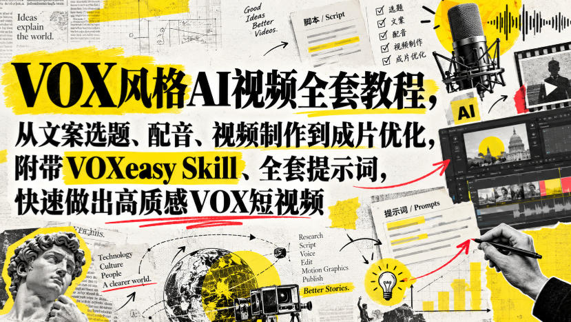 VOX风格AI视频全套教程，从文案选题、配音、视频制作到成片优化，附带VOXeasy Skill、全套提示词，快速做出高质感VOX短视频-来友网创