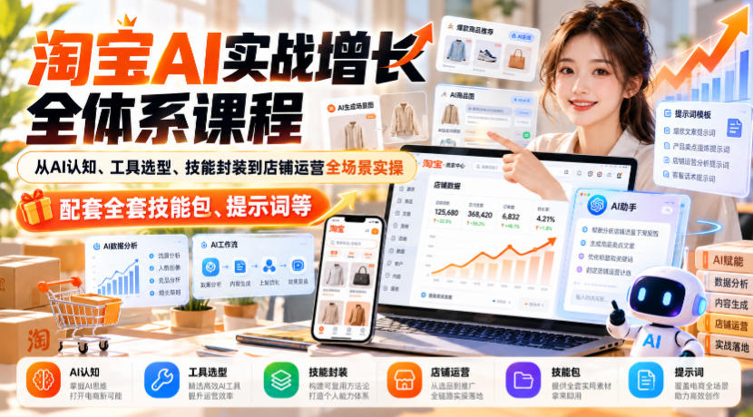 淘宝AI实战增长全体系课程，从AI认知、工具选型、技能封装到店铺运营全场景实操，配套全套技能包、提示词等-来友网创