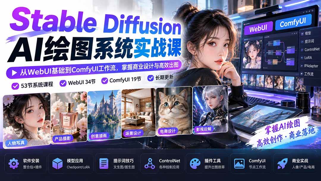 （20678期）Stable Diffusion AI绘图系统实战课：从WebUI基础到ComfyUI工作流，掌握商业设计与高效出图-来友网创
