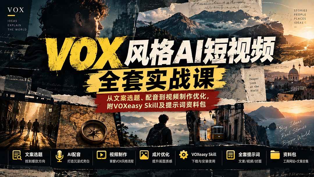 （20677期）【无水印】VOX风格AI短视频全套实战课：从文案选题、配音到视频制作优化，附VOXeasy Skill及提示词资料包-来友网创