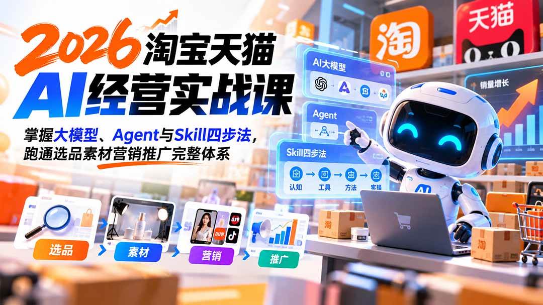 （20676期）【无水印】2026淘宝天猫AI经营实战课：掌握大模型、Agent与Skill四步法，跑通选品素材营销推广完整体系-来友网创