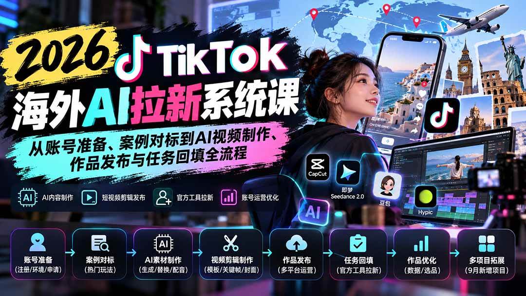 （20675期）【无水印】2026 TikTok海外AI拉新系统课：从账号准备、案例对标到AI视频制作、作品发布与任务回填全流程-来友网创