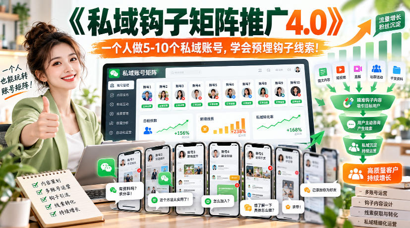 【无水印】《私域钩子矩阵推广4.0》一个人做5-10个私域账号，学会预埋钩子线索！-来友网创