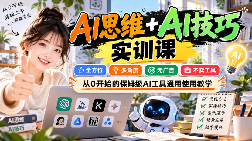 AI思维+AI技巧实训课，全方位、多角度、无广告、不卖工具，从0开始的保姆级AI工具通用使用教学-来友网创