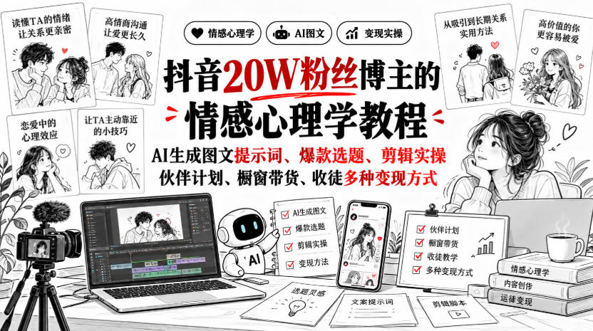 抖音20W粉丝博主的情感心理学教程，AI生成图文提示词、爆款选题、剪辑实操，伙伴计划、橱窗带货、收徒多种变现方式-来友网创