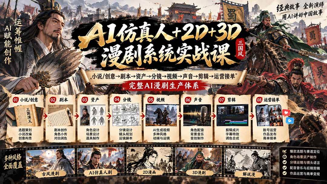（20685期）AI仿真人+2D+3D漫剧系统实战课：小说/创意→剧本→资产→分镜→视频→声音→剪辑→运营接单，完整AI漫剧生产体系-来友网创