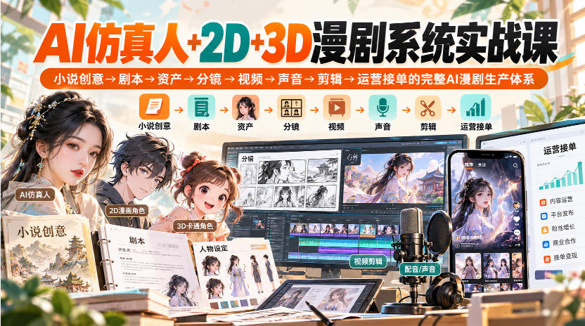 【无水印】AI仿真人+2D+3D漫剧系统实战课，小说创意→剧本→资产→分镜→视频→声音→剪辑→运营接单的完整AI漫剧生产体系-来友网创