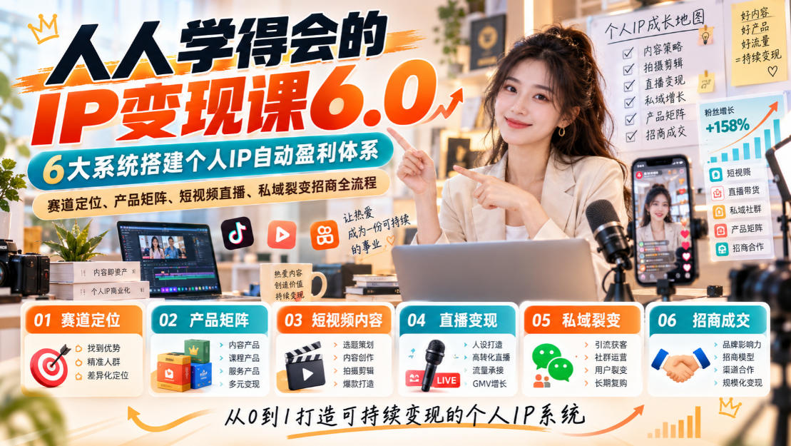 人人学得会的IP变现课6.0，6大系统搭建个人IP自动盈利体系，赛道定位、产品矩阵、短视频直播、私域裂变招商全流程-来友网创