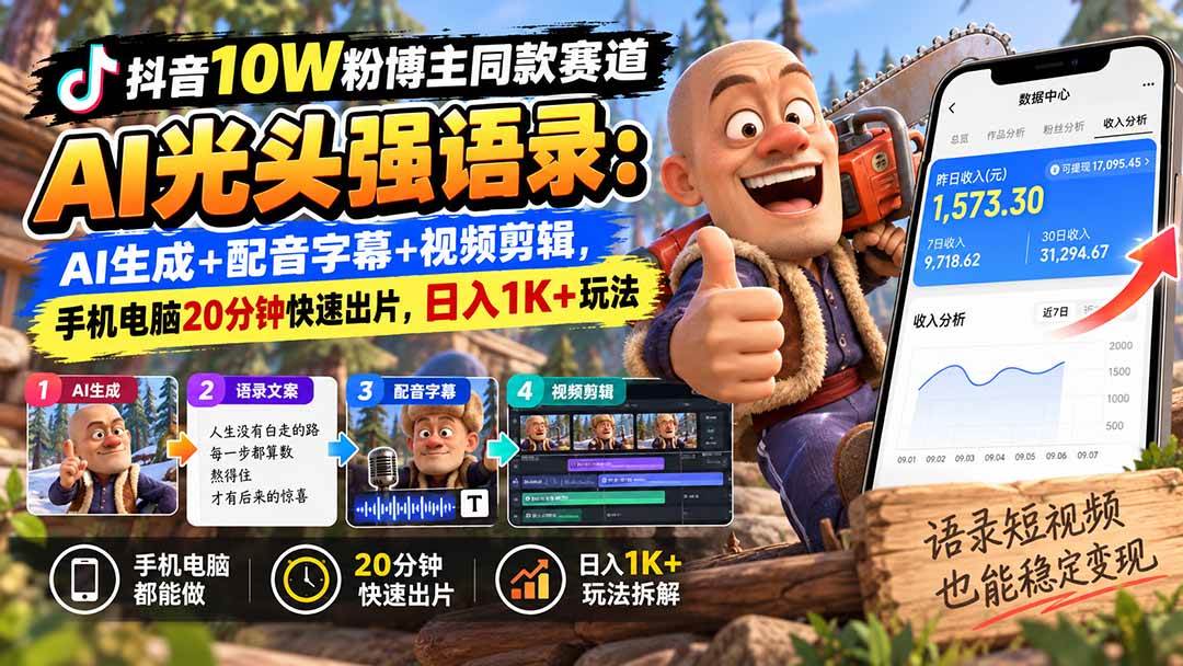 （20687期）【无水印】抖音10W粉博主同款赛道AI光头强语录：AI生成+配音字幕+视频剪辑，手机电脑20分钟快速出片，日入1K+玩法-来友网创