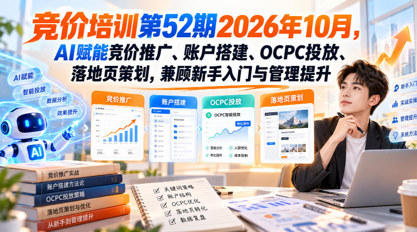 【无水印】竞价培训第52期2026年10月，AI赋能竞价推广、账户搭建、OCPC投放、落地页策划，兼顾新手入门与管理提升-来友网创