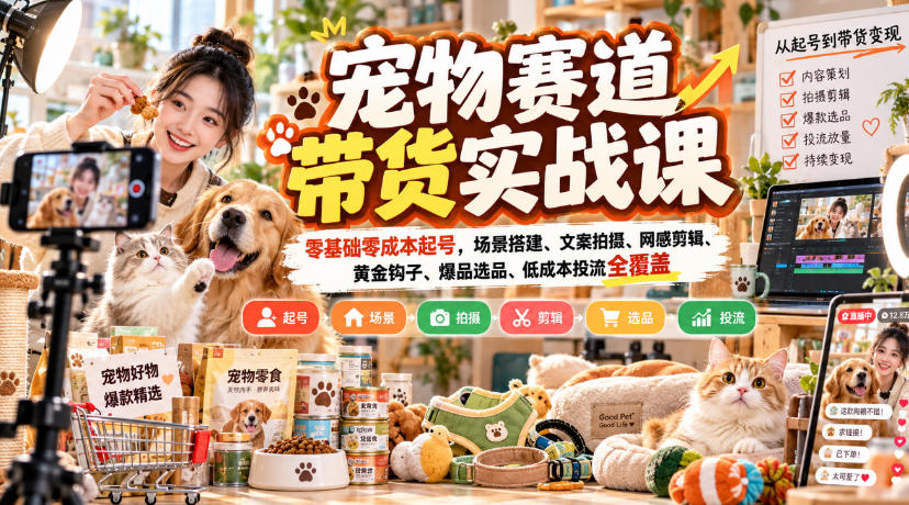 宠物赛道带货实战课，零基础零成本起号，场景搭建、文案拍摄、网感剪辑、黄金钩子、爆品选品、低成本投流全覆盖-来友网创