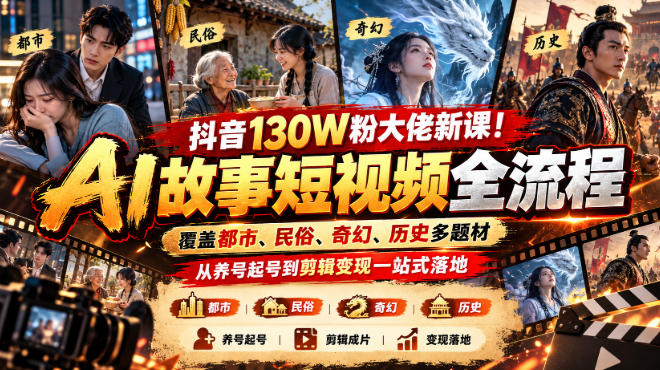 抖音130W粉大佬新课！AI故事短视频全流程，覆盖都市、民俗、奇幻、历史多题材，从养号起号到剪辑变现一站式落地-来友网创