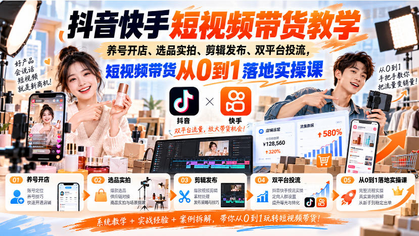 抖音快手短视频带货教学｜养号开店、选品实拍、剪辑发布、双平台投流，短视频带货从0到1落地实操课-来友网创