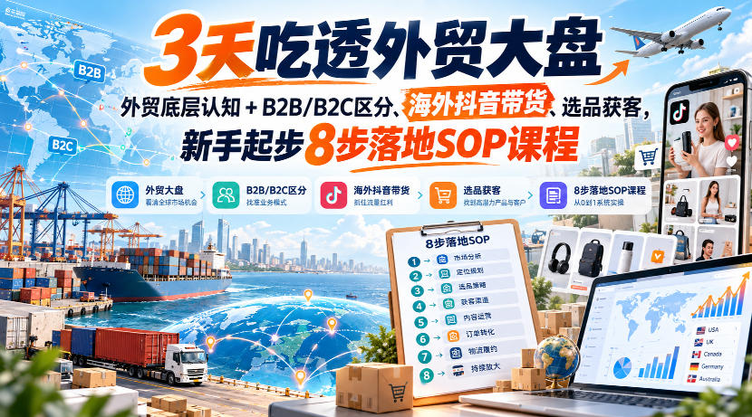 3天吃透外贸大盘，外贸底层认知+B2B/B2C区分、海外抖音带货、选品获客，新手起步8步落地SOP课程-来友网创