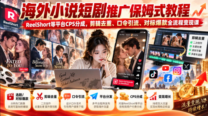 海外小说短剧推广保姆式教程｜ReelShort等平台CPS分成，剪辑去重、口令引流、对标爆款全流程变现课-来友网创