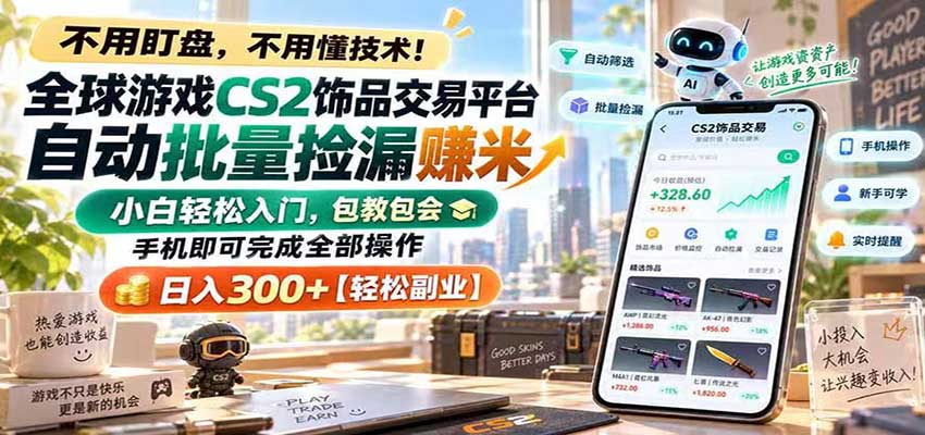 全球游戏CS2饰品交易平台自动批量捡漏赚米，手机即可完成全部操作，日入300+-来友网创
