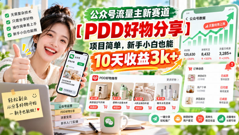 公众号流量主新赛道【PDD好物分享】，项目简单，新手小白也能10天收益3k+-来友网创