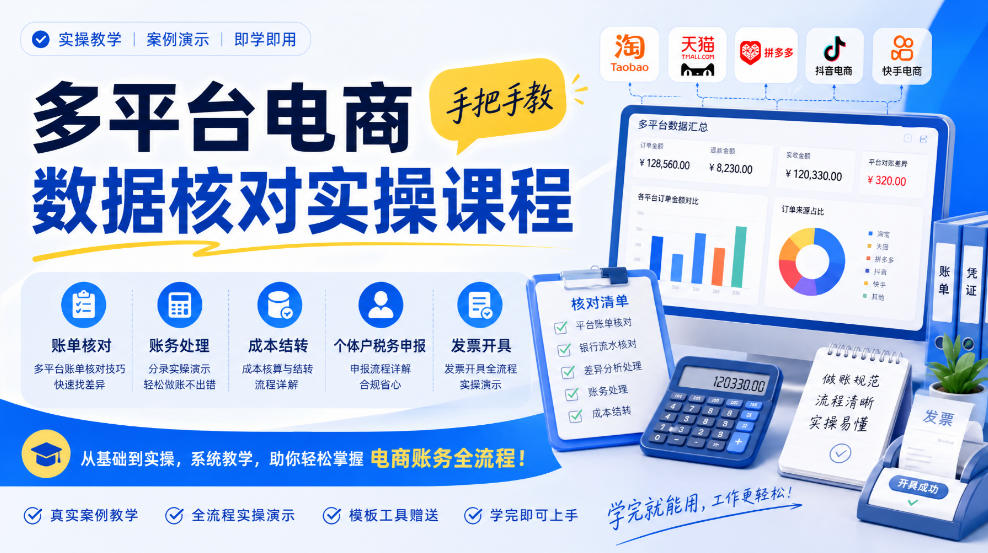 多平台电商数据核对实操课程，手把手教账单核对、账务处理、成本结转、个体户税务申报与发票开具-来友网创