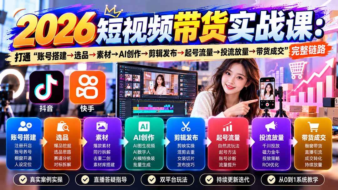 （20731期）2026短视频带货实战课9月：打通“账号搭建→选品→素材→AI创作→剪辑发布→起号流量→投流放量→带货成交”完整链路-来友网创