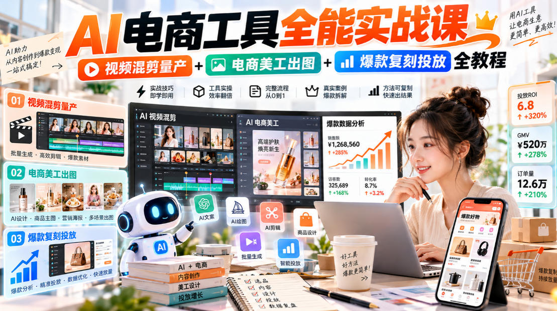 AI电商工具全能实战教学，视频混剪量产+电商美工出图+爆款复刻投放全教程​-来友网创