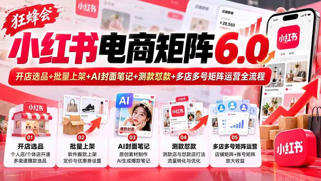 （20732期）【无水印】狂蜂会小红书电商矩阵6.0：开店选品+批量上架+AI封面笔记+测款怼款+多店多号矩阵运营全流程-来友网创