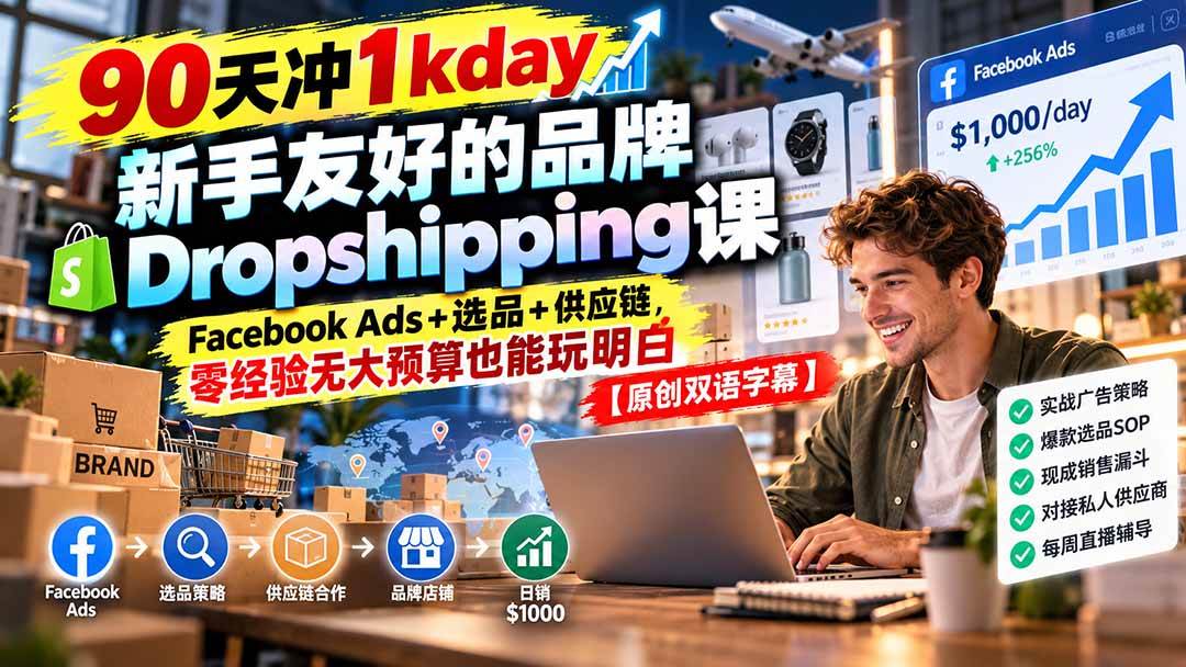 （20738期）90天冲1kday 新手友好的品牌Dropshipping课：Facebook Ads+选品+供应链，零经验无大预算也能玩明白【原创双语字幕】-来友网创