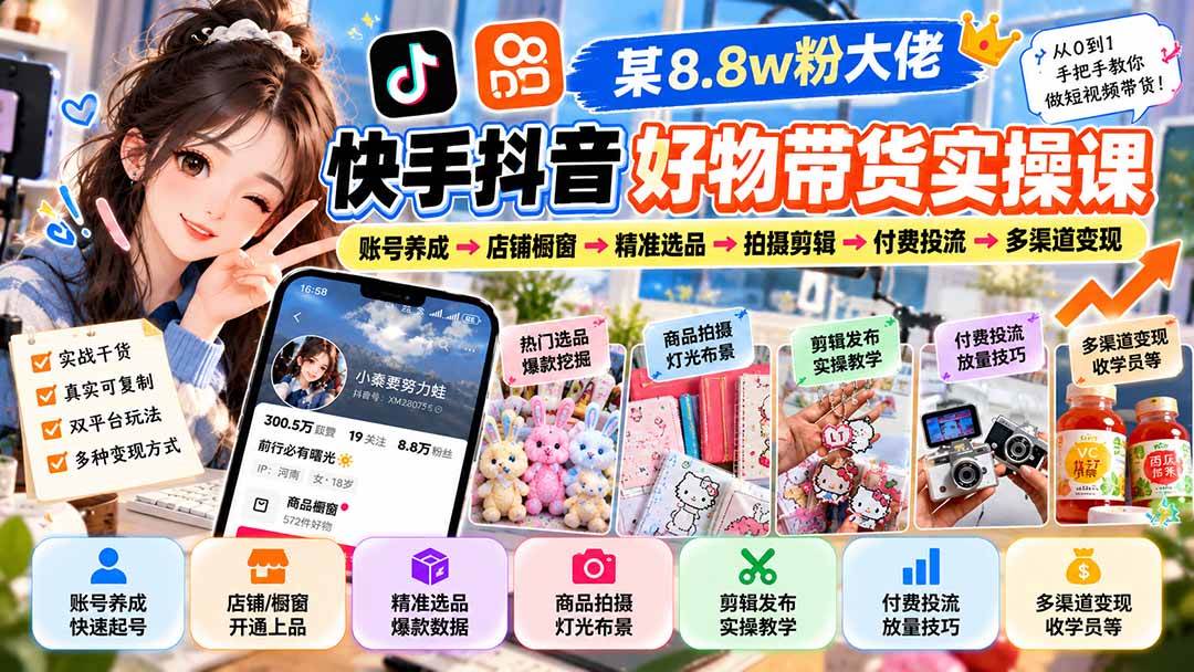 （20733期）某8.8w粉大佬快手抖音好物带货实操课：账号养成→店铺橱窗→精准选品→拍摄剪辑→付费投流→多渠道变现-来友网创