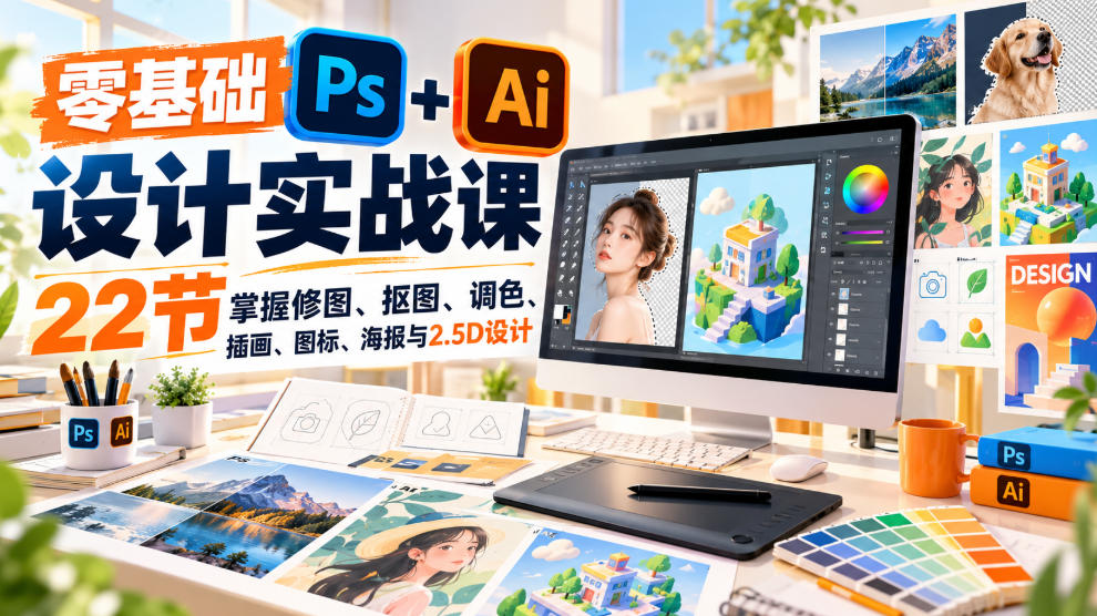 【无水印】零基础PS+AI设计实战课｜22节掌握修图、抠图、调色、插画、图标、海报与2.5D设计-来友网创