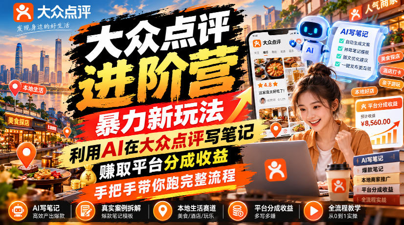 大众点评进阶营，暴力新玩法，利用AI在大众点评写笔记， 賺取平台分成收益，手把手带你跑完整流程-来友网创