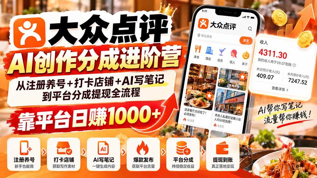 （20759期）大众点评AI创作分成进阶营：从注册养号+打卡店铺+AI写笔记到平台分成提现全流程，靠平台日赚1000+-来友网创
