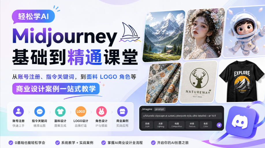轻松学AI Midjourney基础到精通课堂，从账号注册、指令关键词，到面料LOGO角色等商业设计案例一站式教学-来友网创