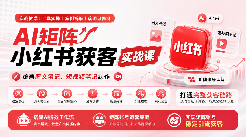 AI矩阵小红书获客实战课，覆盖图文笔记、短视频笔记制作，打通完整获客链路，搭建AI提效工作流，实现矩阵账号稳定引流获客-来友网创