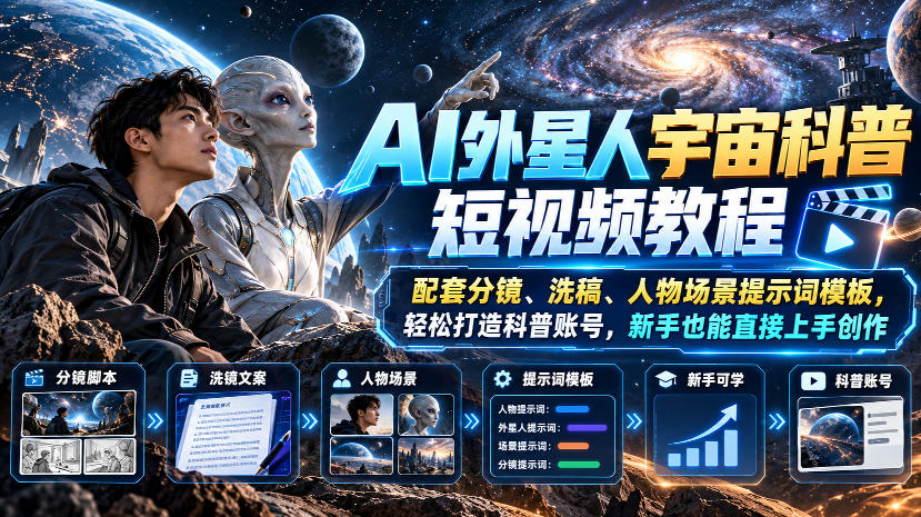 AI外星人宇宙科普短视频教程，配套分镜、洗稿、人物场景提示词模板，轻松打造科普账号，新手也能直接上手创作-来友网创