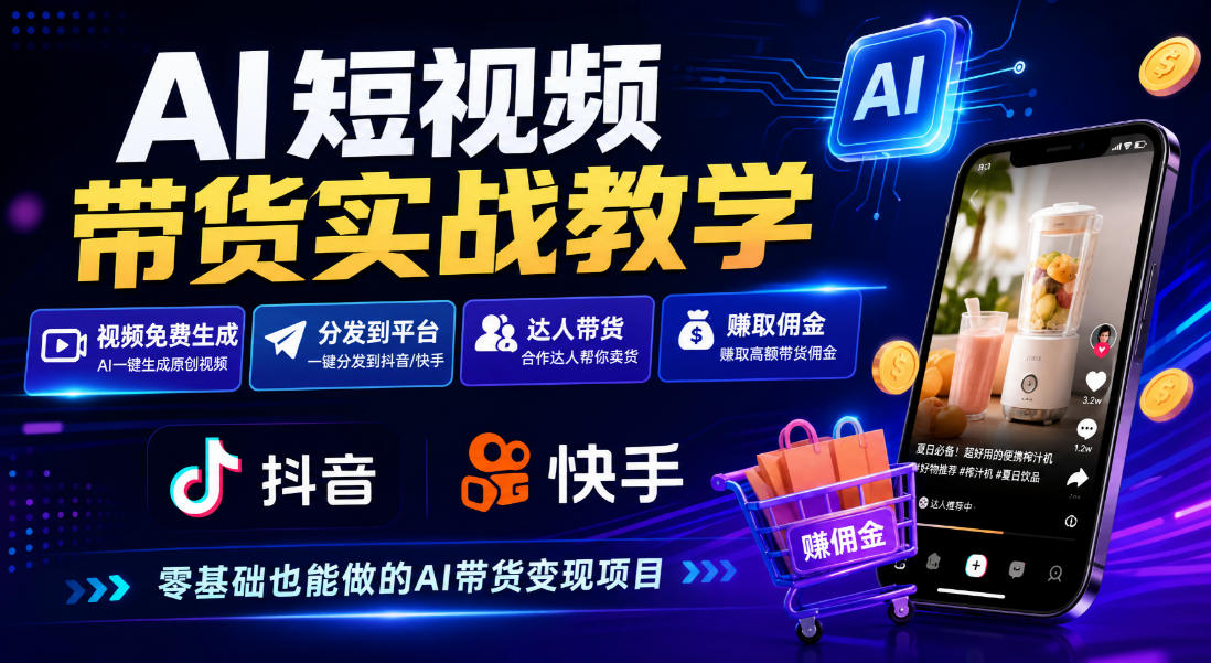 AI短视频带货实战教学，视频免费生成，分发到抖音快手平台，达人带货賺佣金-来友网创